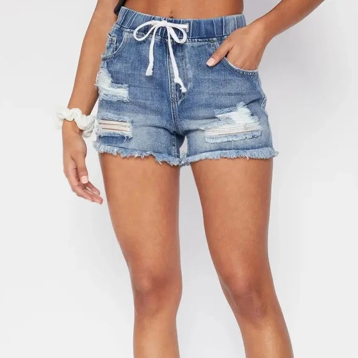 Distress denim jogger waistband shorts