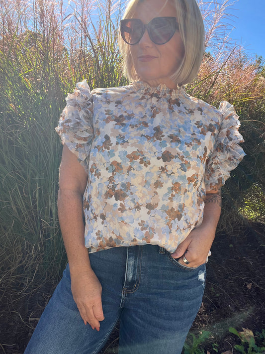 Watercolor ruffle sleeve top