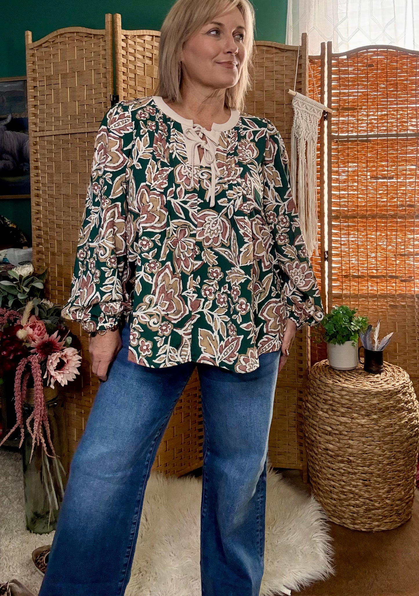 Boho Floral Pintuck Blouse with Cream Tie Neckline – Rayon Long Sleeve