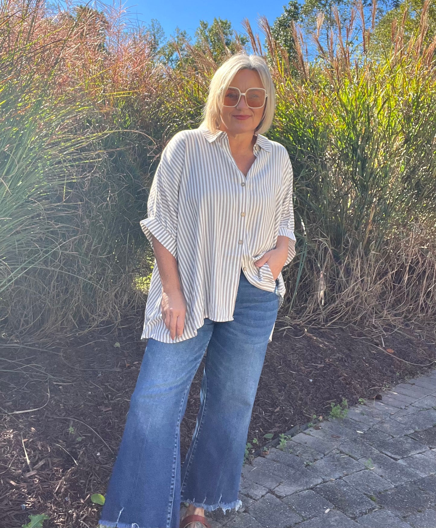Frenchy Taupe striped button up top