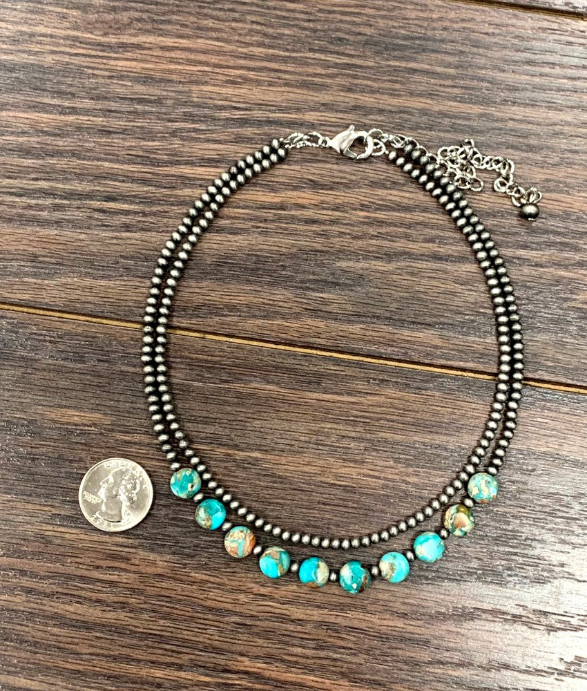 Cowgirl pears and turquoisel double strand necklace