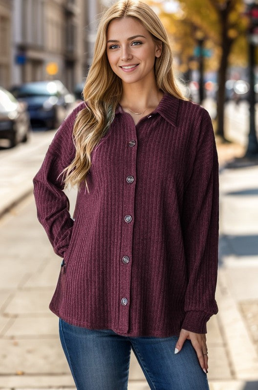 Burgundy ribbed button top
