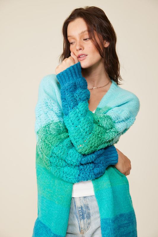 Blue Ridge Ombre Knit Cardigan – Gradient Cable Knit Beauty