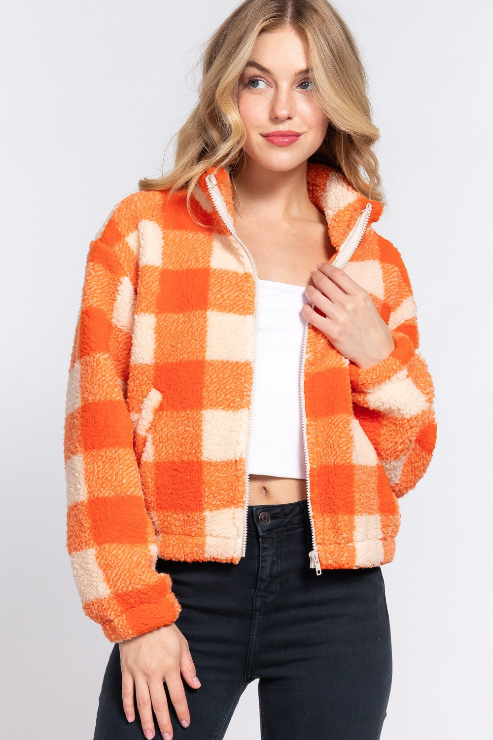 Buffalo Check Sherpa Jacket – Orange & White | Limited Edition Fall Favorite