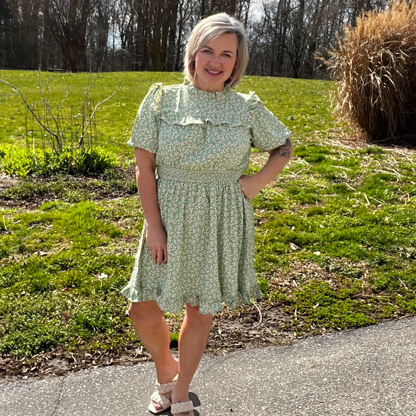 Green and pink floral print dress