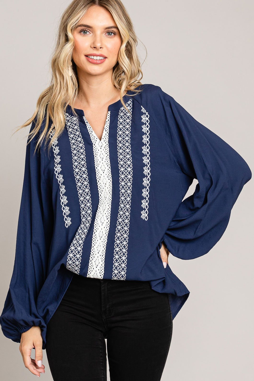 Navy Long Sleeve Boho Top