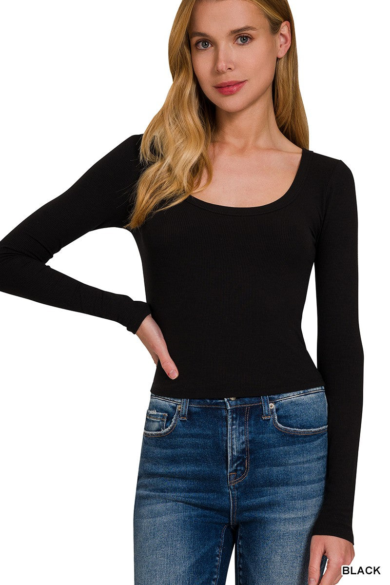 Black classic chic ribbed boat neck top