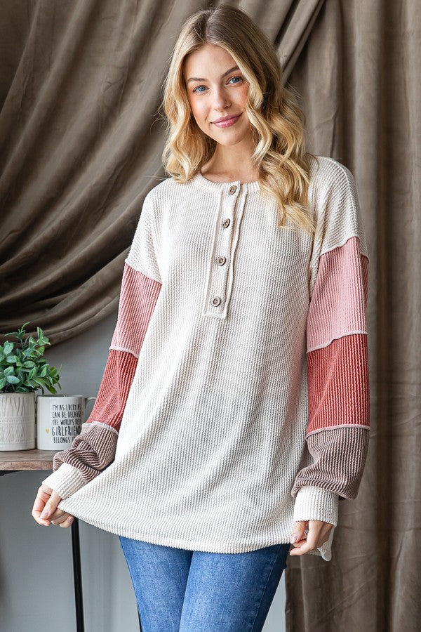 Cream & Rose color blocked urban ribbed top