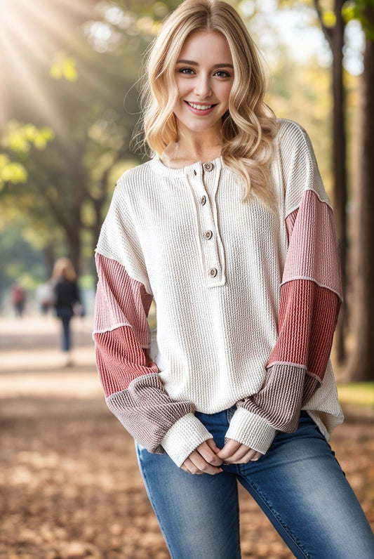Cream & Rose color blocked urban ribbed top
