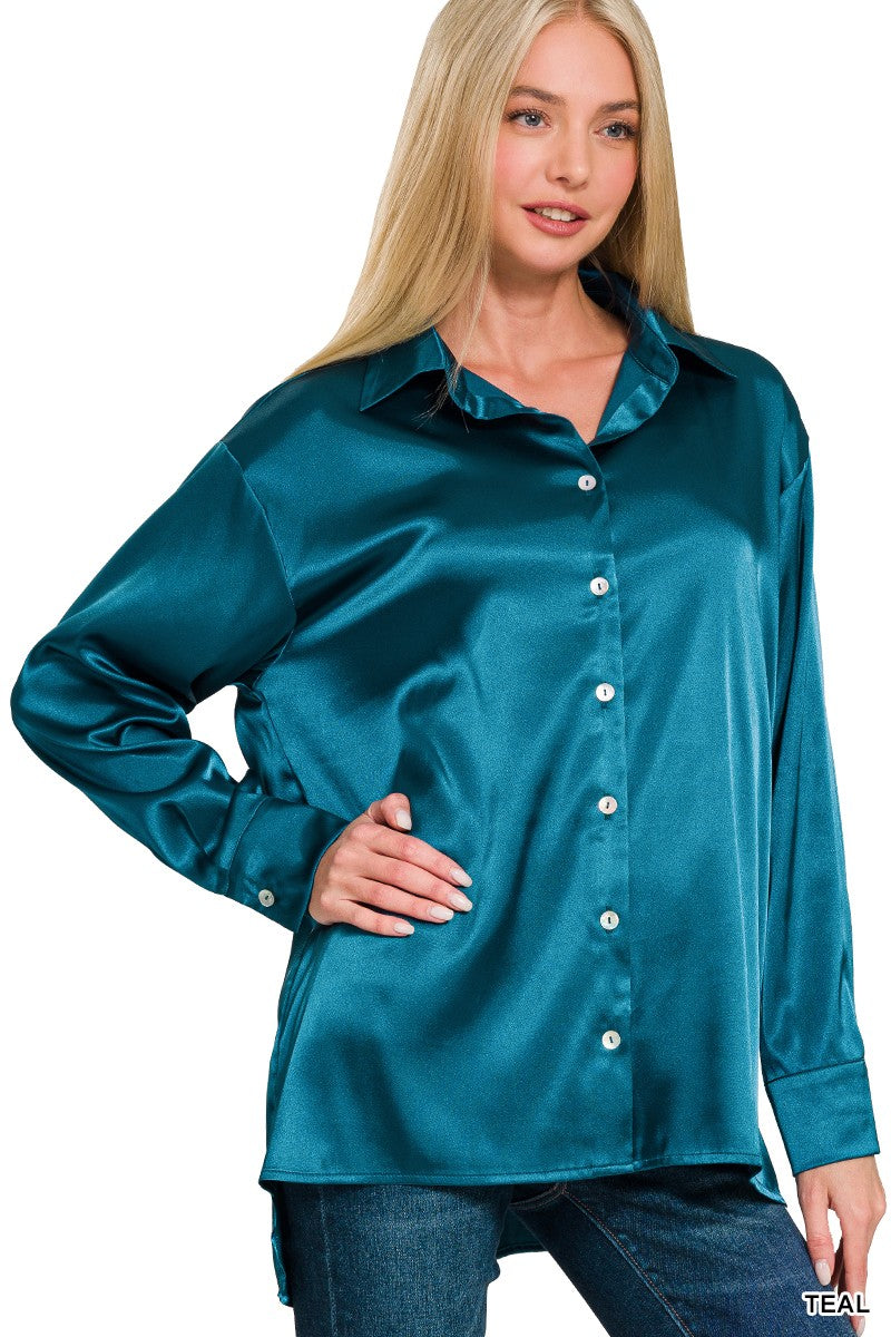 Teal long sleeve satin shirt