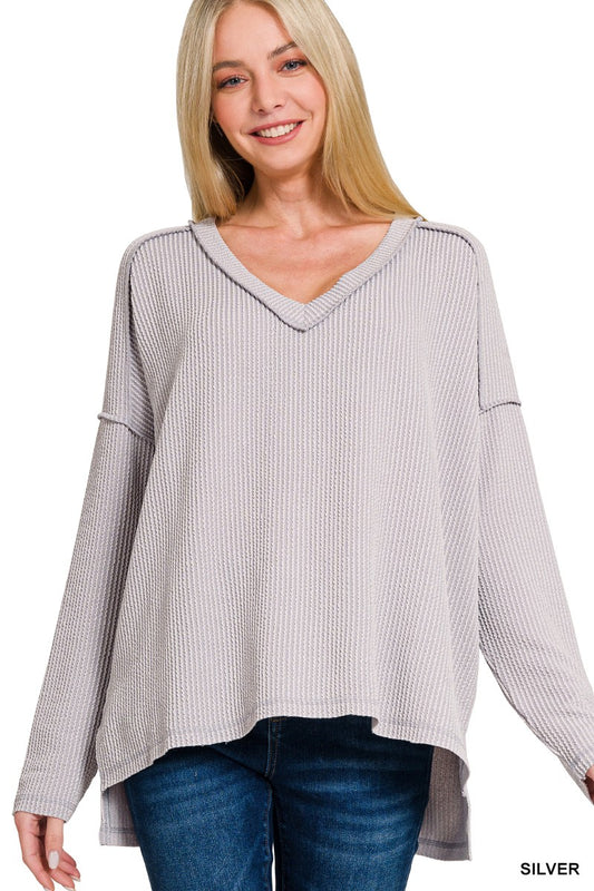 Steel Gray Corded V-neck top