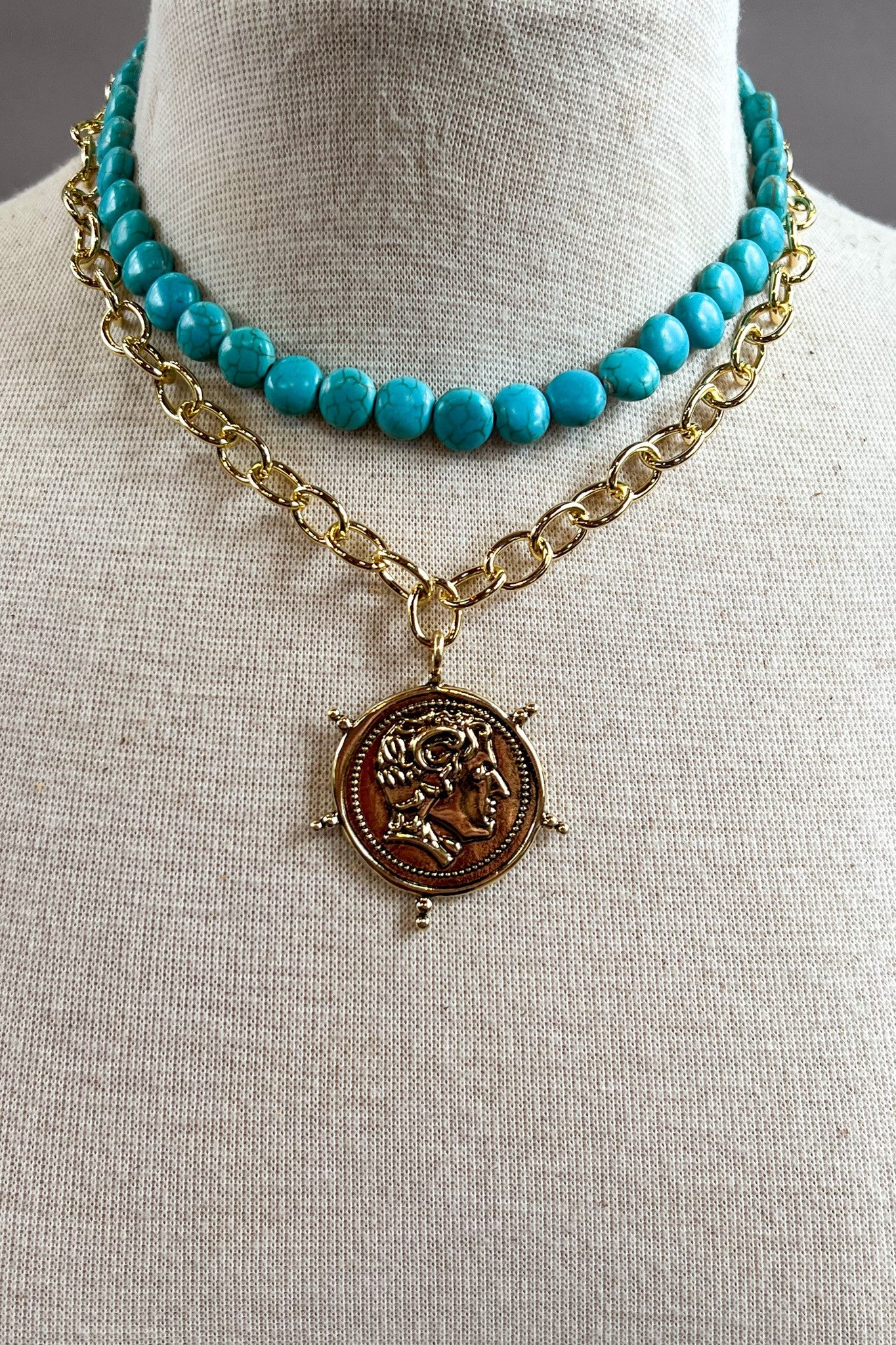 Turquoise Coin Charm Double Layer Necklace – Coastal Western Gold Chain