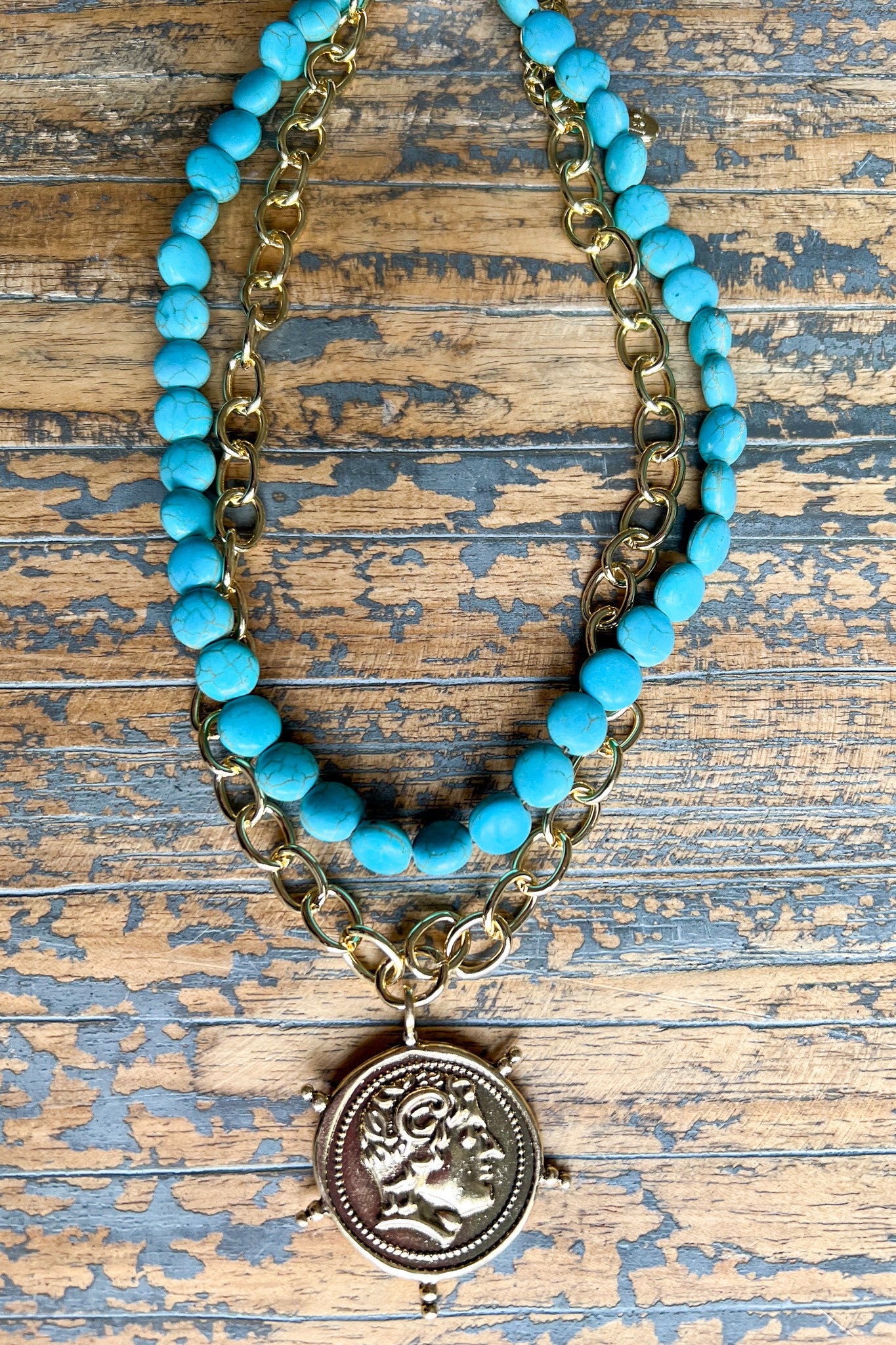 Turquoise Coin Charm Double Layer Necklace – Coastal Western Gold Chain