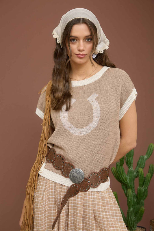Lucky Look – Taupe Horseshoe Knit Sweater