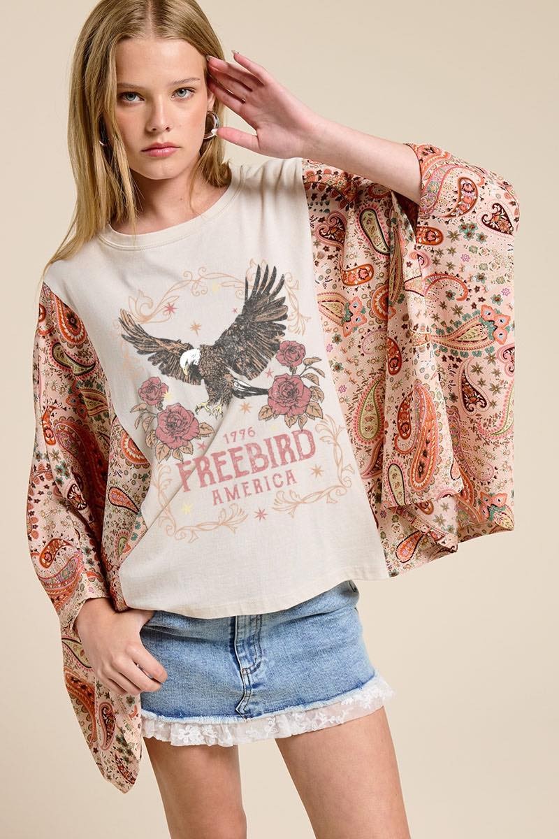 Freebird America Vintage Graphic Boho KANtha Sleeve Top