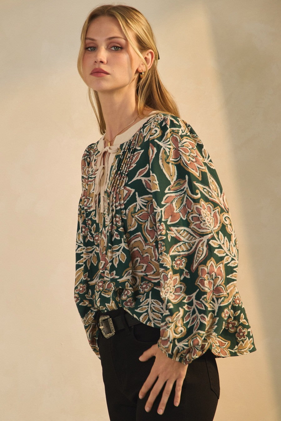 Boho Floral Pintuck Blouse with Cream Tie Neckline – Rayon Long Sleeve