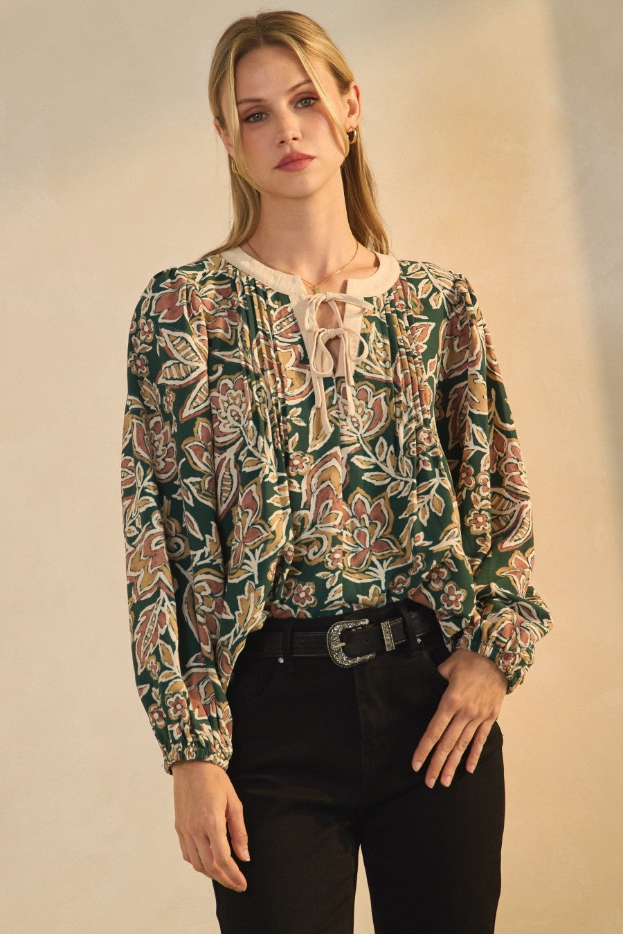 Boho Floral Pintuck Blouse with Cream Tie Neckline – Rayon Long Sleeve