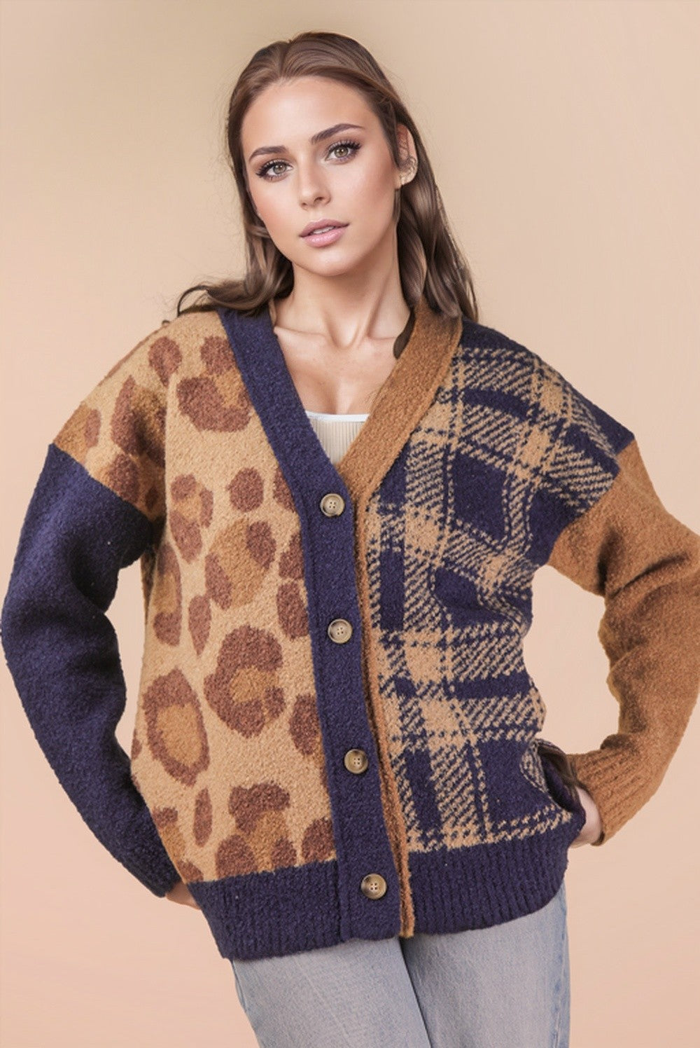 Midnight Muse Leopard & Plaid Knit Sweater Cardigan