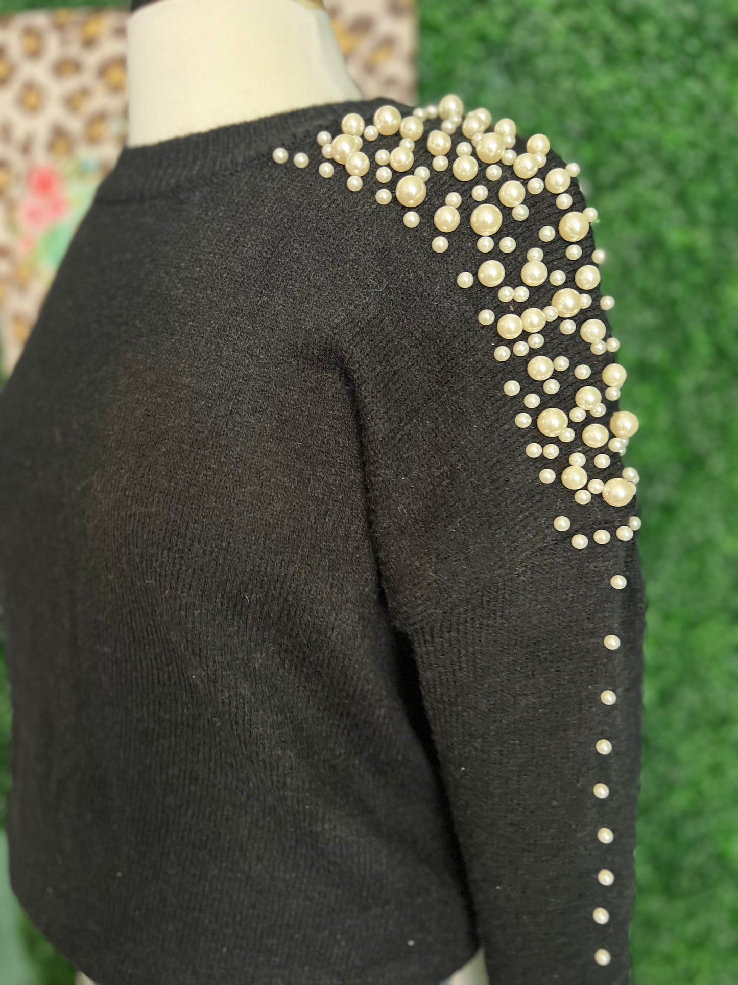 Pearl beaded embellished black sweater
