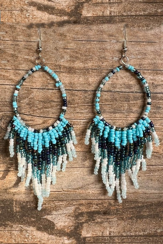 Lucia Turquoise & Navy Beaded Tassel Earrings - Coastal Boho Statement