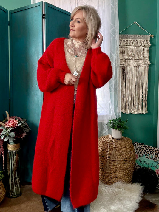 Bold Moves Longline Sweater Coat – Cherry Red (POL)