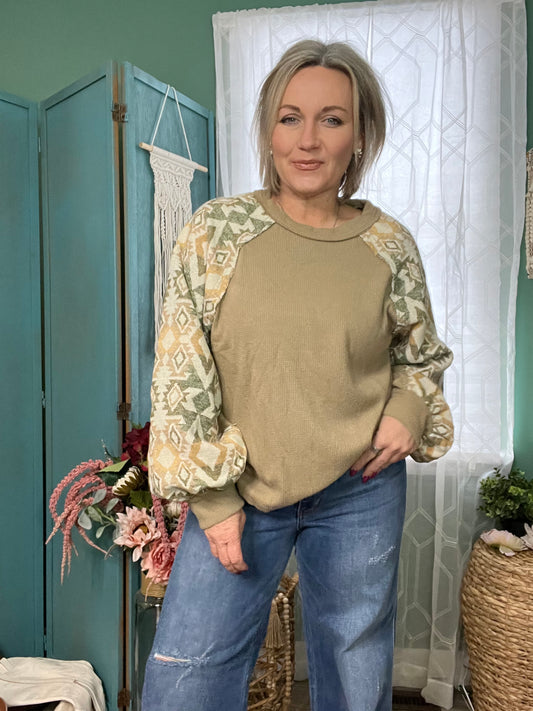 Olive Green Aztec sleeve top - Boho Chic Style