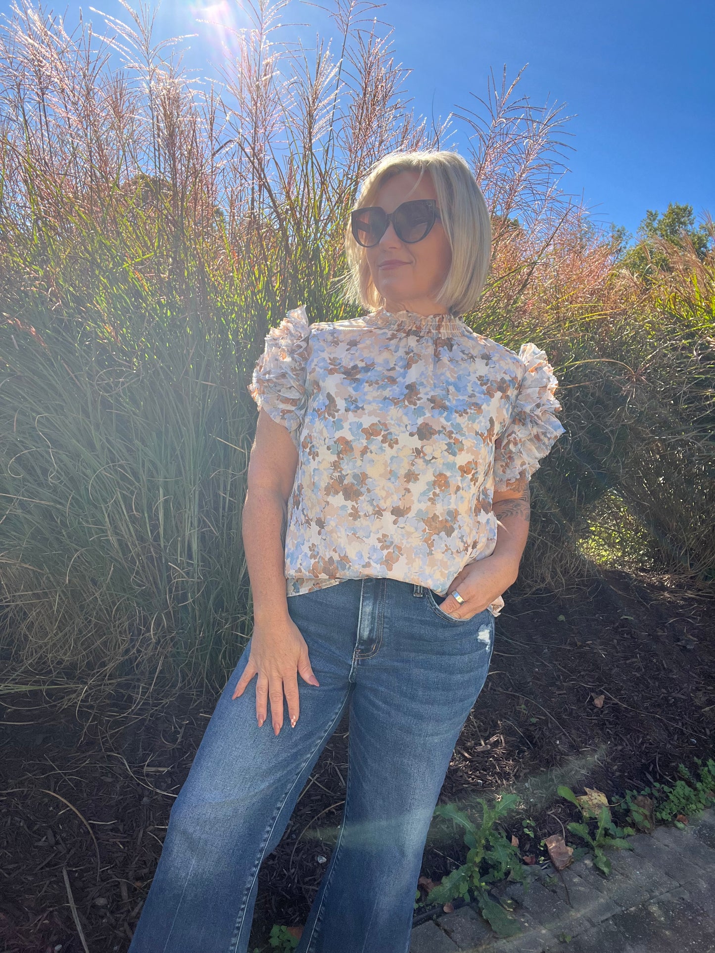 Watercolor ruffle sleeve top
