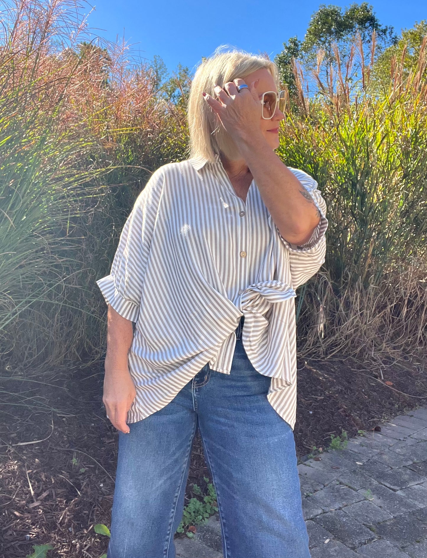 Frenchy Taupe striped button up top