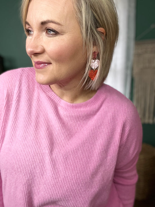 Valentines Glittering Red Hearts Dangle Earring