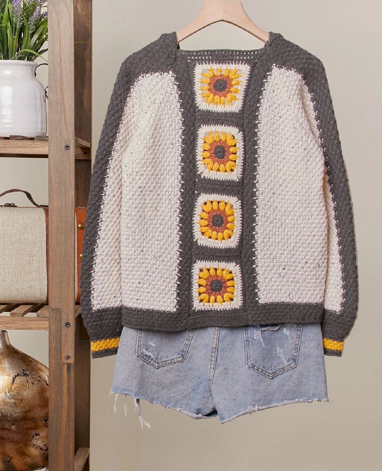 🌻 Sunflower Dreams Granny Square Cardigan – Charcoal & Cream Crochet Button Front