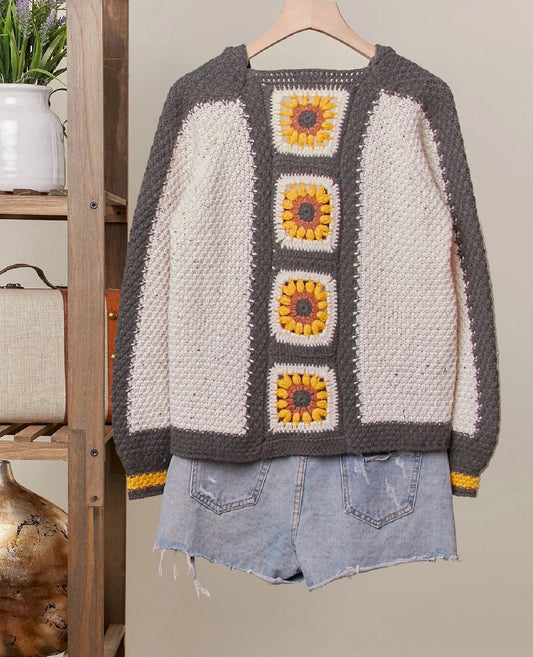 🌻 Sunflower Dreams Granny Square Cardigan – Charcoal & Cream Crochet Button Front