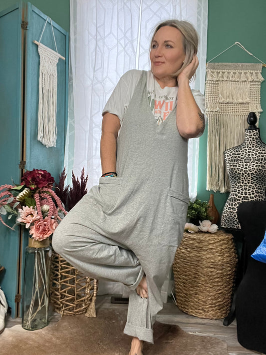 Gray Loose Knit Baggy Jumpsuit