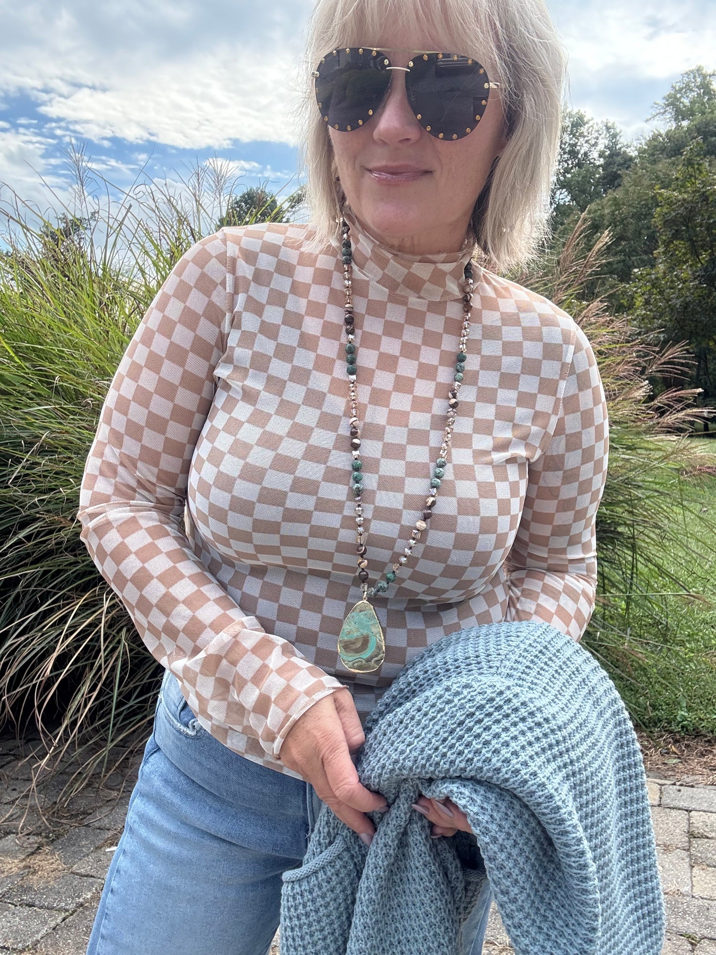 Check Me Out – Taupe & Beige Sheer Mesh Long Sleeve Top