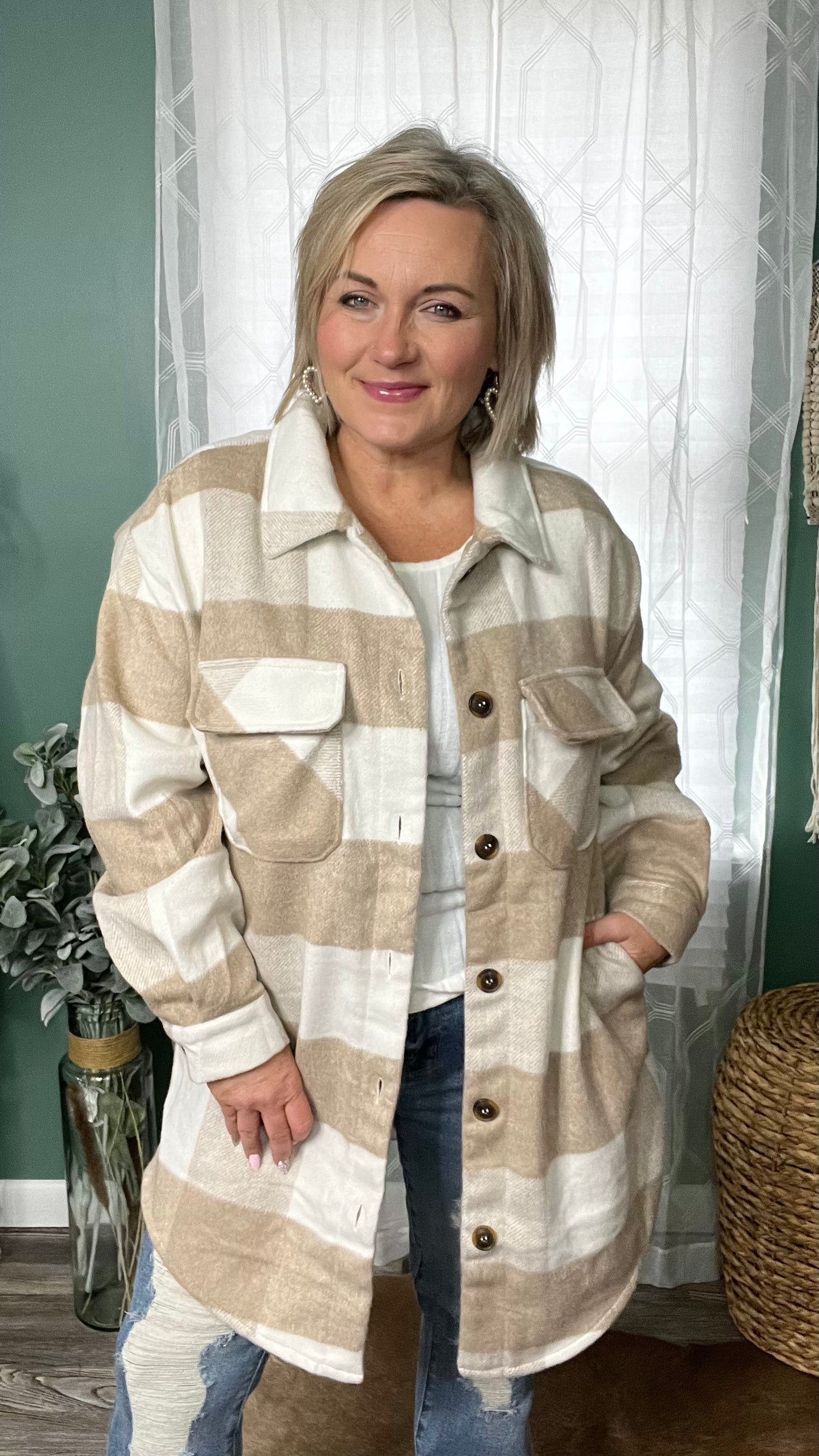Khaki and Cream Long Shacket