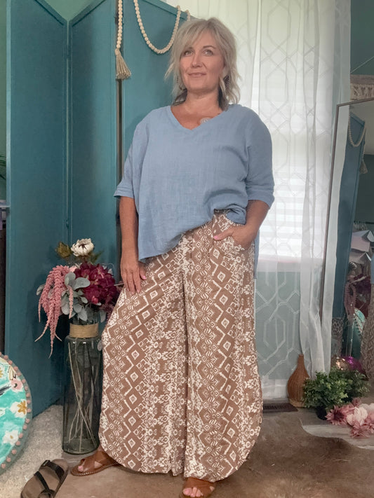 Wander & Flow Mocha Geo Print Gauze Pants – Wide Leg Fit