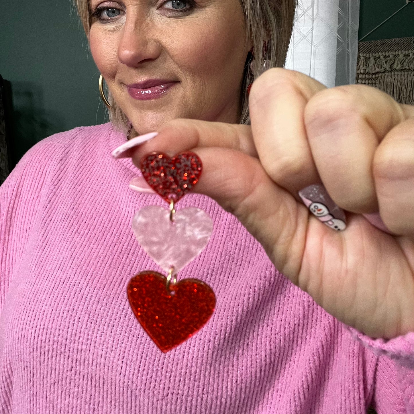 Valentines Glittering Red Hearts Dangle Earring