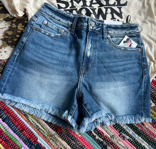 Sun Chaser Raw Hem Mid-Rise Shorts – Medium Blue