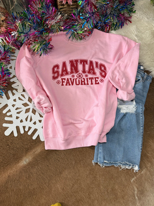 Santa’s Favorite Varsity Sweatshirt – Pink & Red Holiday Crewneck
