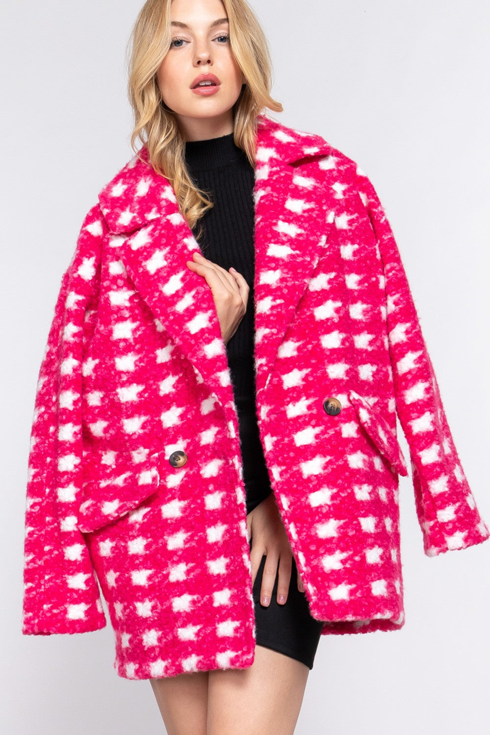 Bright Side Bouclé Herringbone Coat – Pink & White