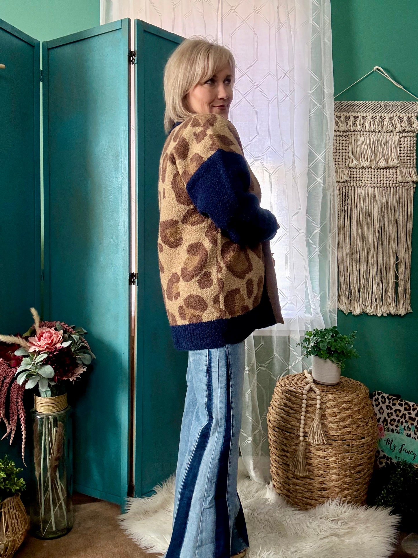 Midnight Muse Leopard & Plaid Knit Sweater Cardigan