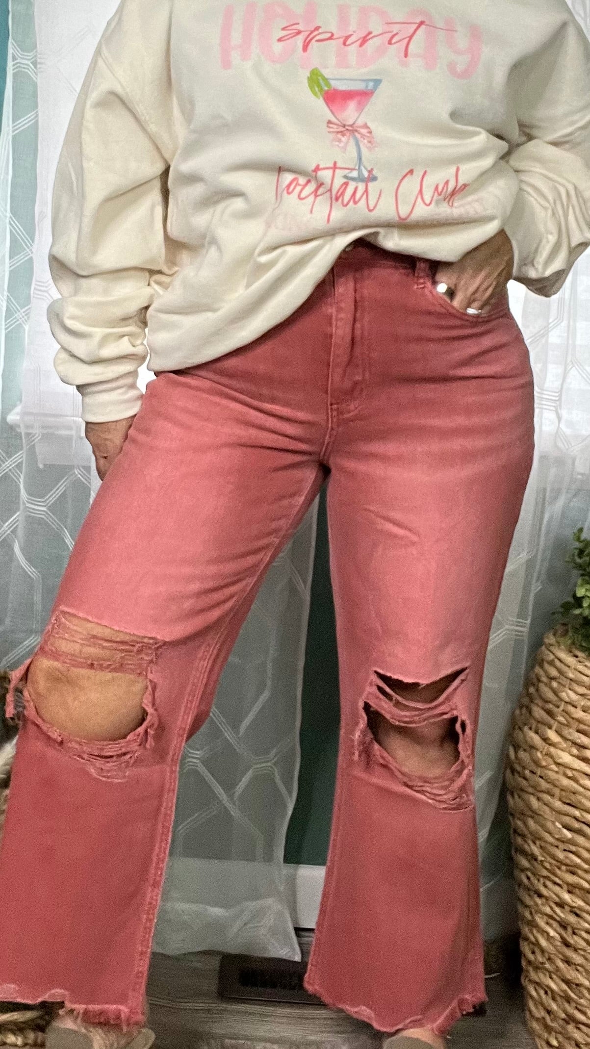 Cabernet distressed knee cropped denim
