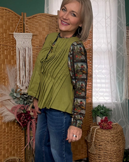 Prairie Greetings Mesh Top – Cowboy Christmas Postcard Print