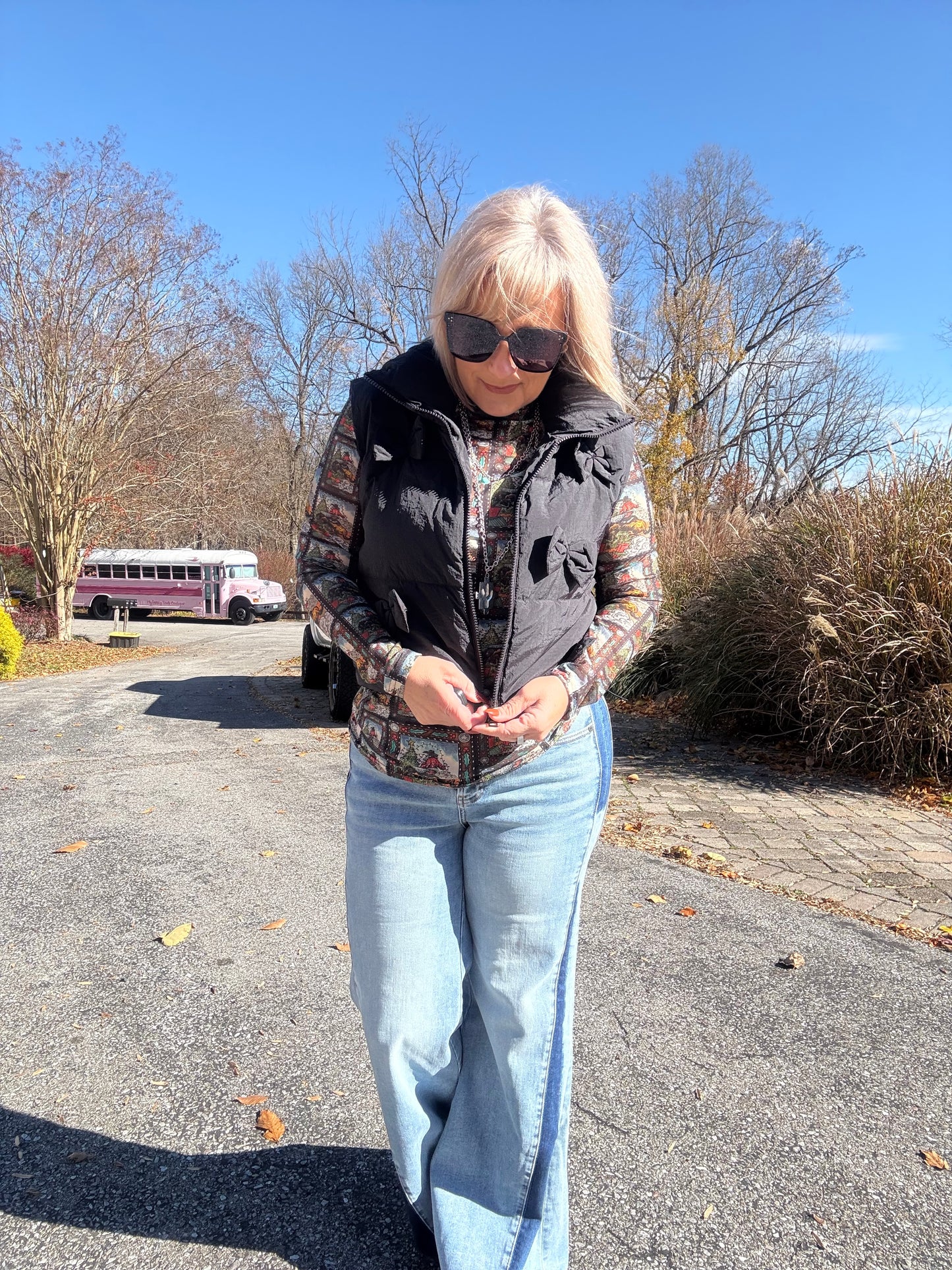 Black Puffer Vest with Stylish Coquette Bow Detail