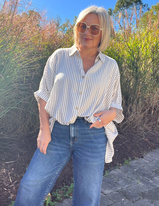 Frenchy Taupe striped button up top