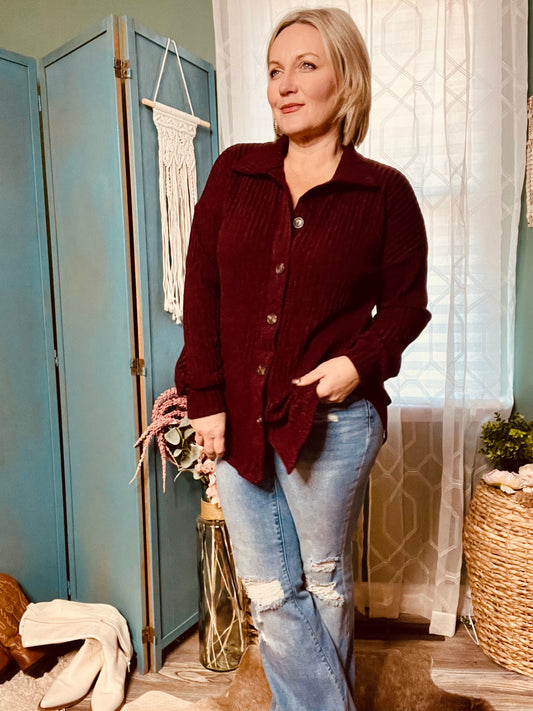 Burgundy ribbed button top