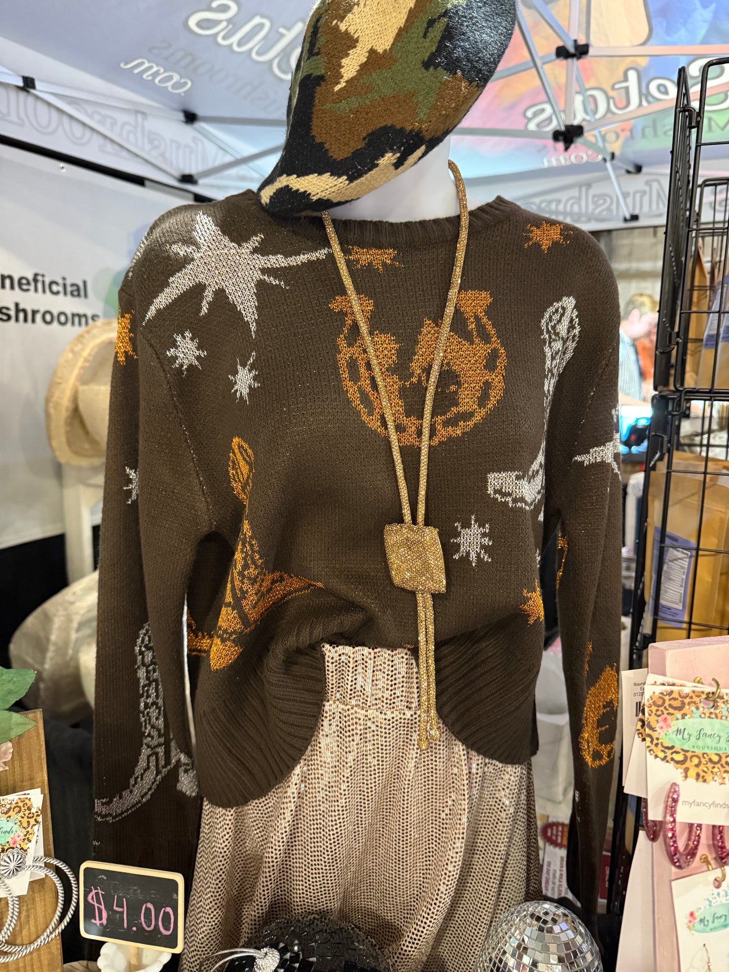 Golden West Metallic Motif Sweater – Brown