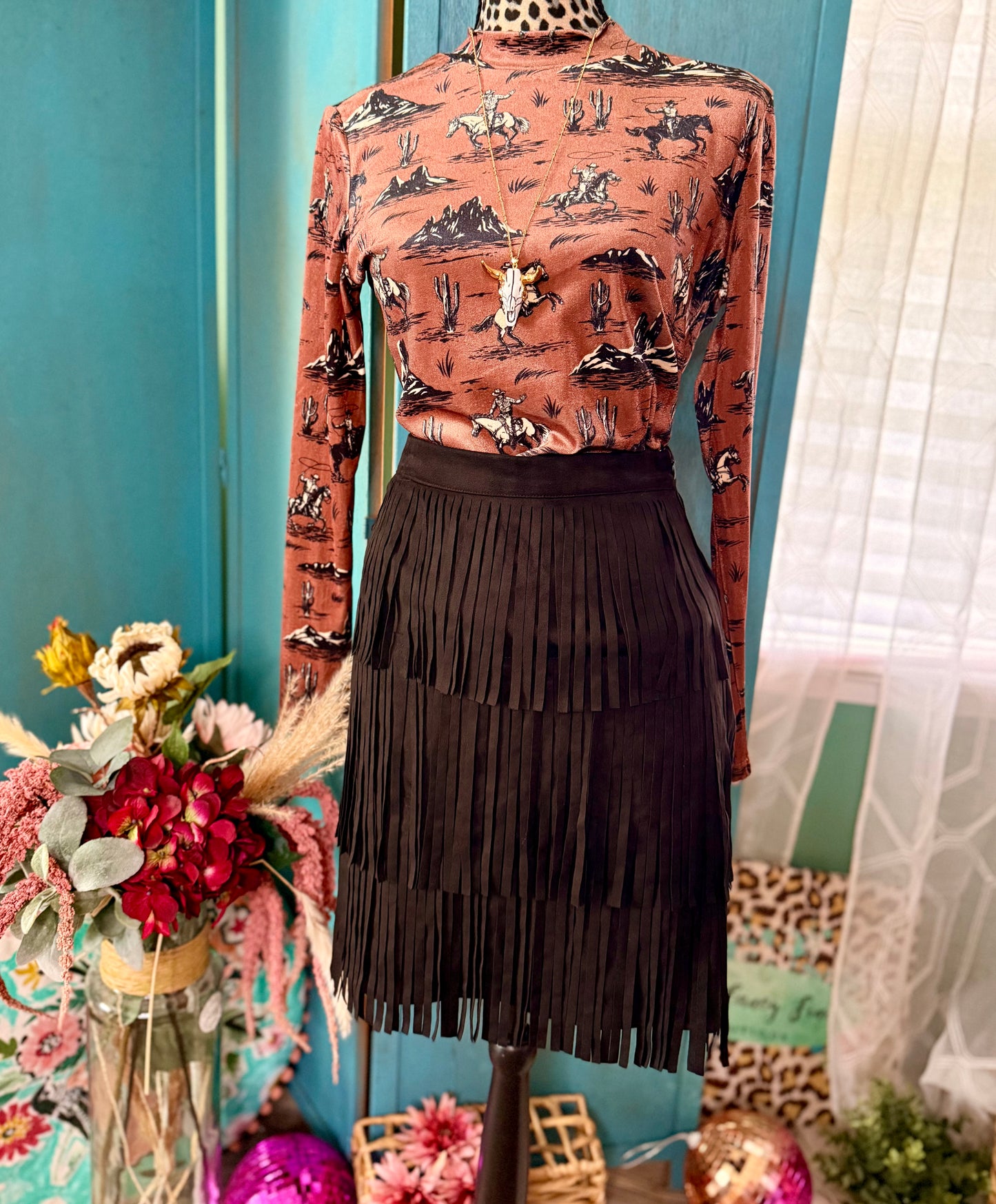 Bucking Broncs Velvet Mock Neck Top – Brown Western Print