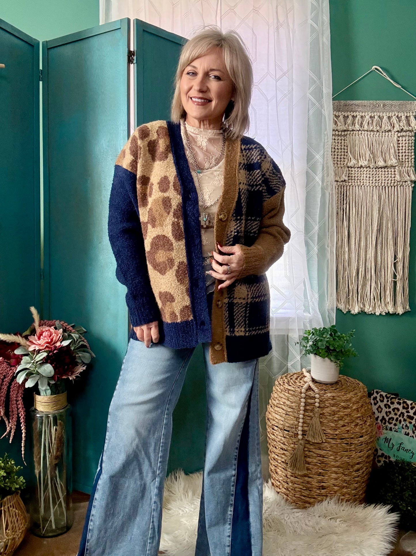 Midnight Muse Leopard & Plaid Knit Sweater Cardigan