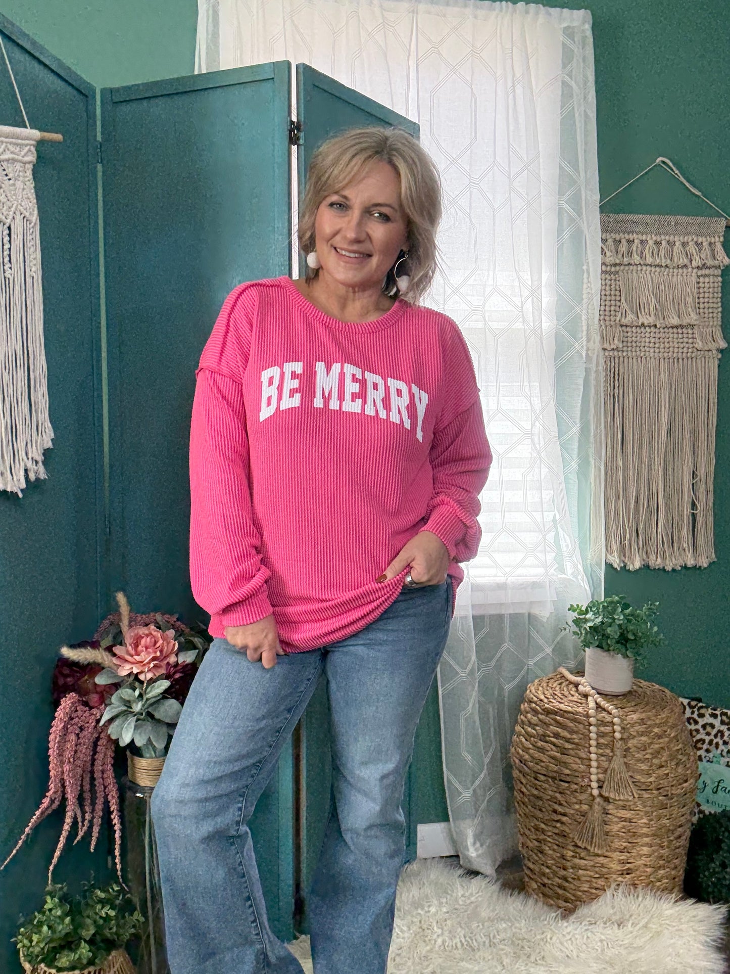 Hot Pink Be Merry Christmas Top – Long Puff Sleeve Ribbed Pullover