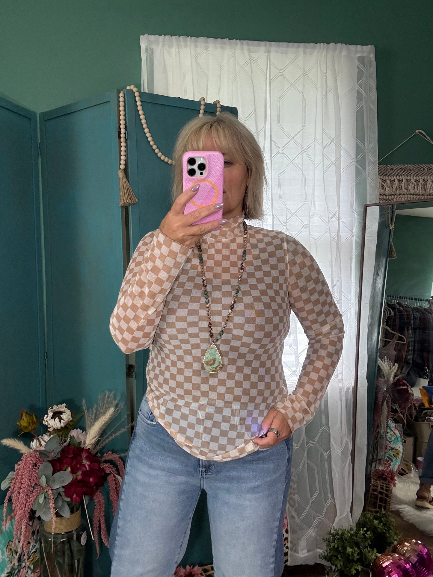 Check Me Out – Taupe & Beige Sheer Mesh Long Sleeve Top